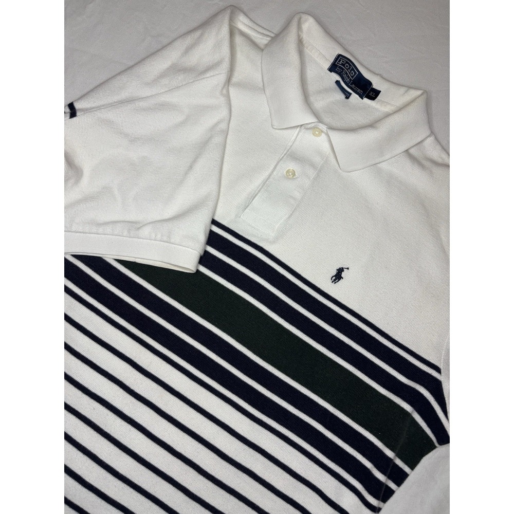 Vintage POLO by RALPH LAUREN Short Sleeve Polo Shirt Men XL White & Blue Striped